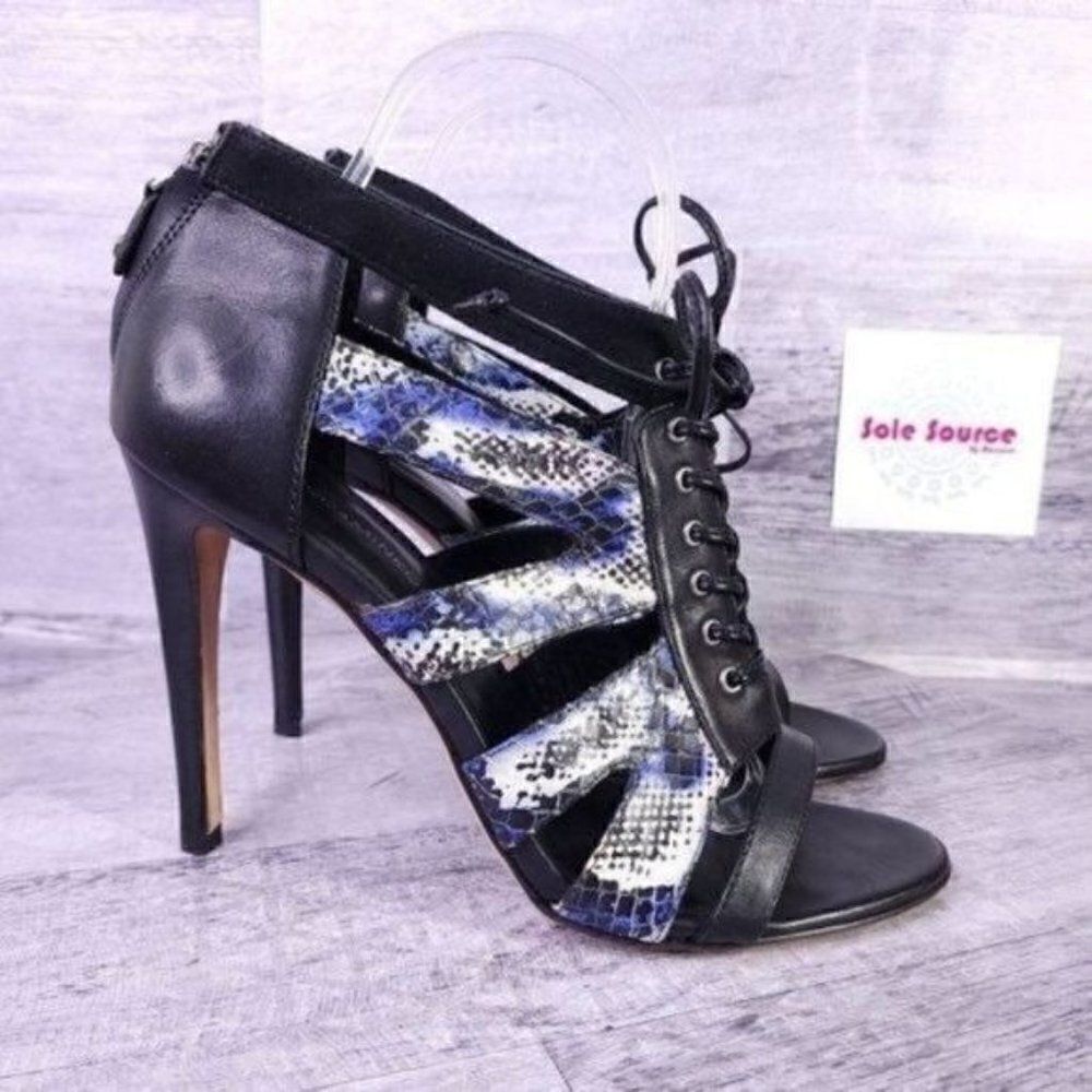 Rebecca Minkoff Snake Print Gladiator Lace Up Heeled Sandal Black Blue Women's 9